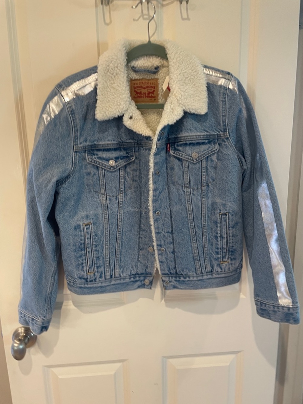 Levi's Light Blue Denim Jacket with White Sherpa Collar and Silver Stripe